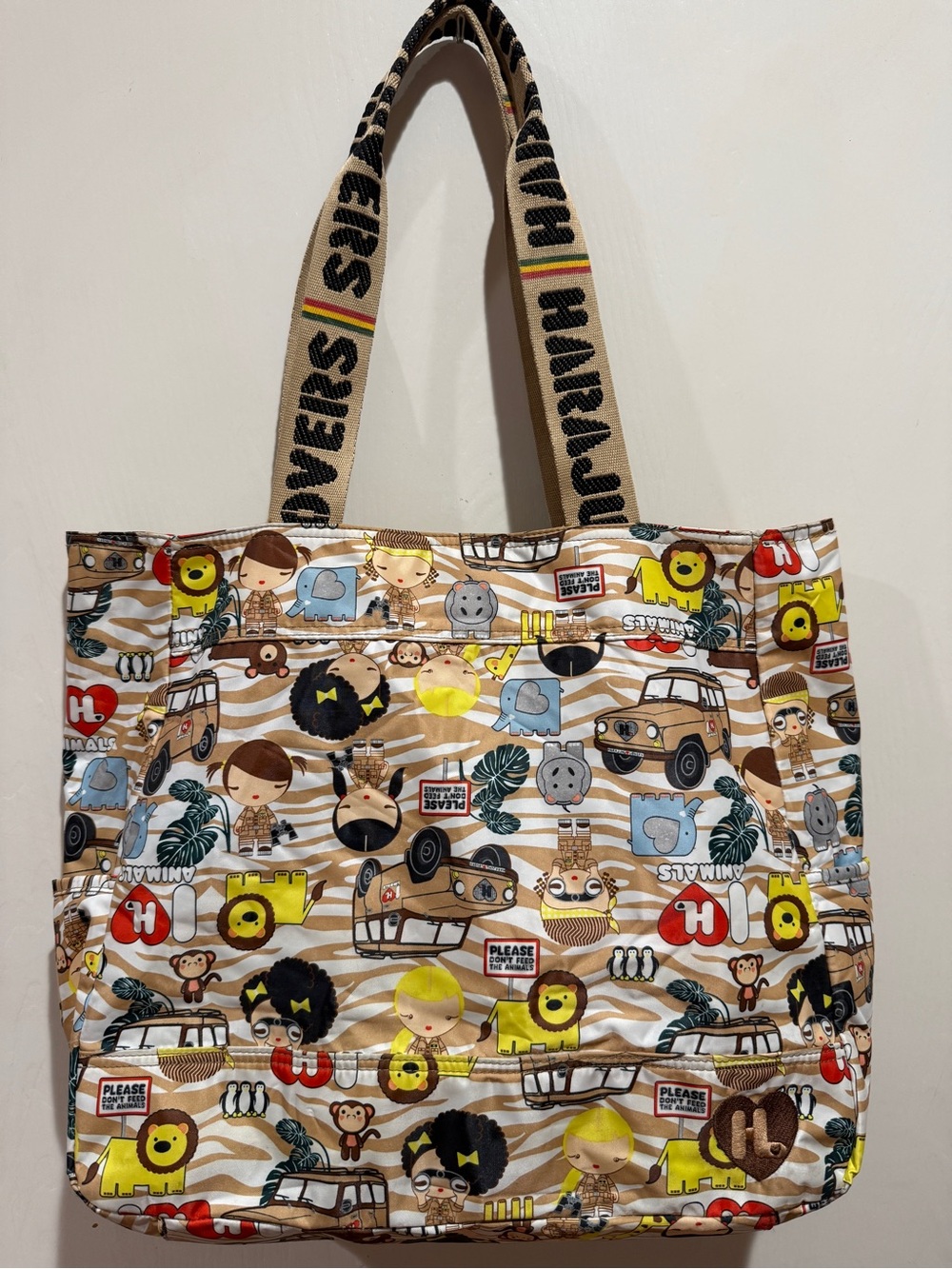 Vintage Y2KHarajuku Lovers Beige Safari Print Tote with Colorful Characters